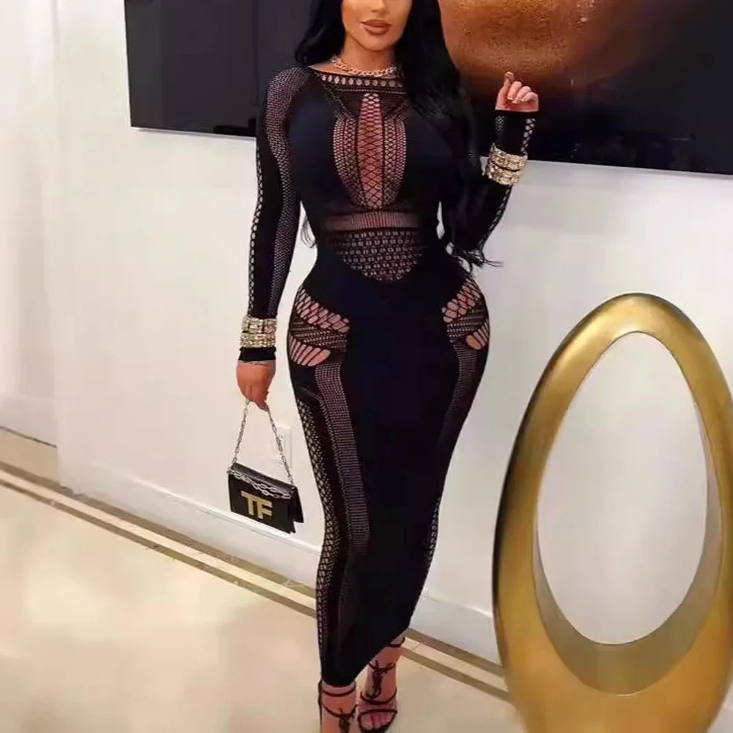 Dress Tight hollowed out embroidered long sleeved jumpsuit elegant art gallery Evening dresses dresses 2025 woman Summer dress