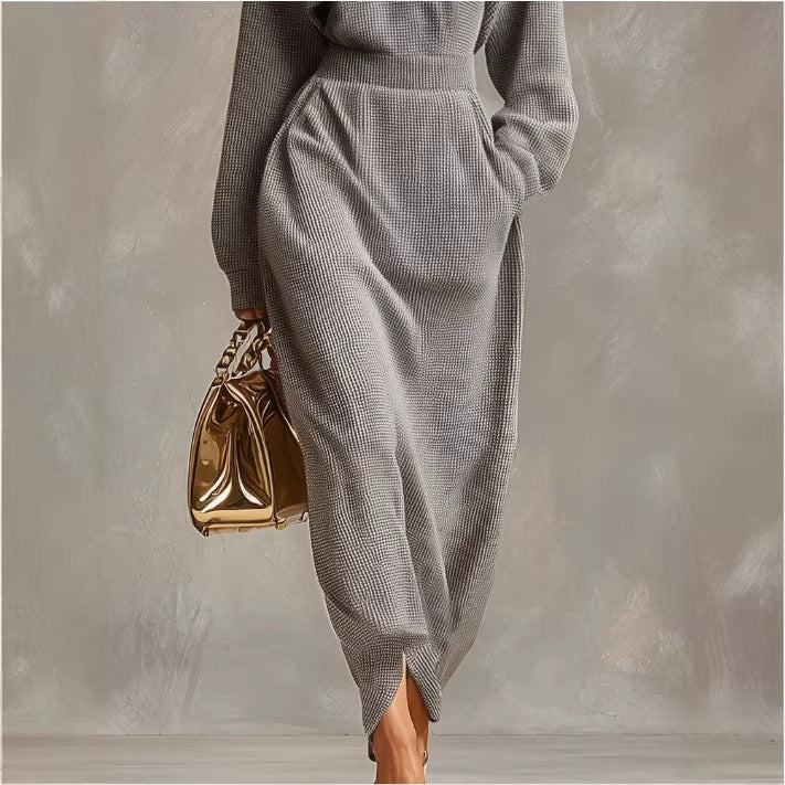 Elegant Casual V-neck Long-sleeve Light Gray Waffle-knit Dress With A Front Zipper