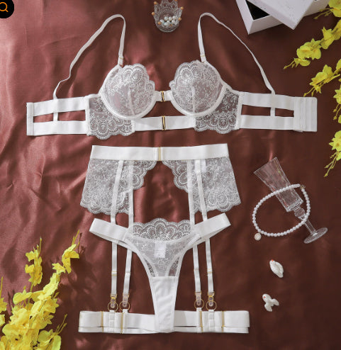 Women's Solid Color Heavy Embroidery Sheer Sexy Lingerie Set