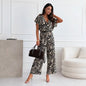 Womens Spring Leopard-Print V-Neck Flounce-Sleeve Wide-Leg Jumpsuit
