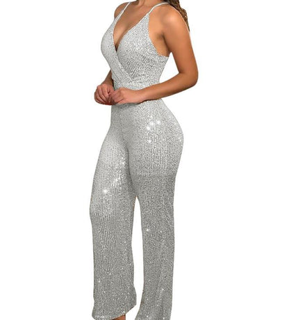 Sexy Formfitting Sequined Vneck Jumpsuit With Spaghetti Straps
