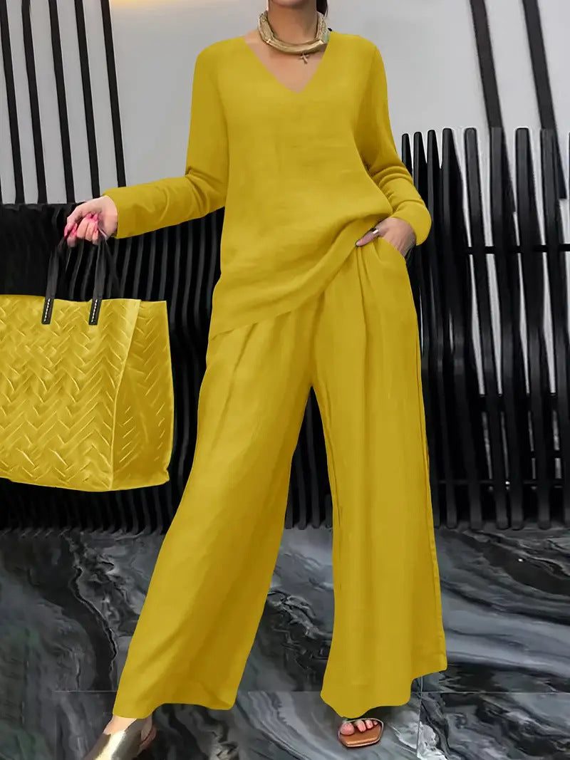 Womens Solid Color Casual Travel Set With Long Sleeves