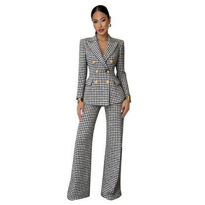 Plaid-printed Long-sleeve Tailored Suit Pants Set