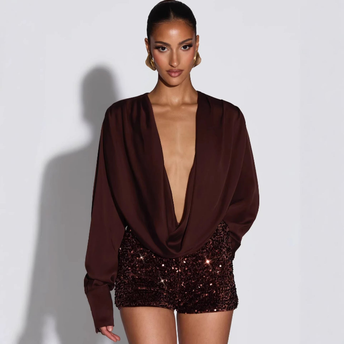 Womens Deep-V Satin Long-Sleeve Bodycon Jumpsuit