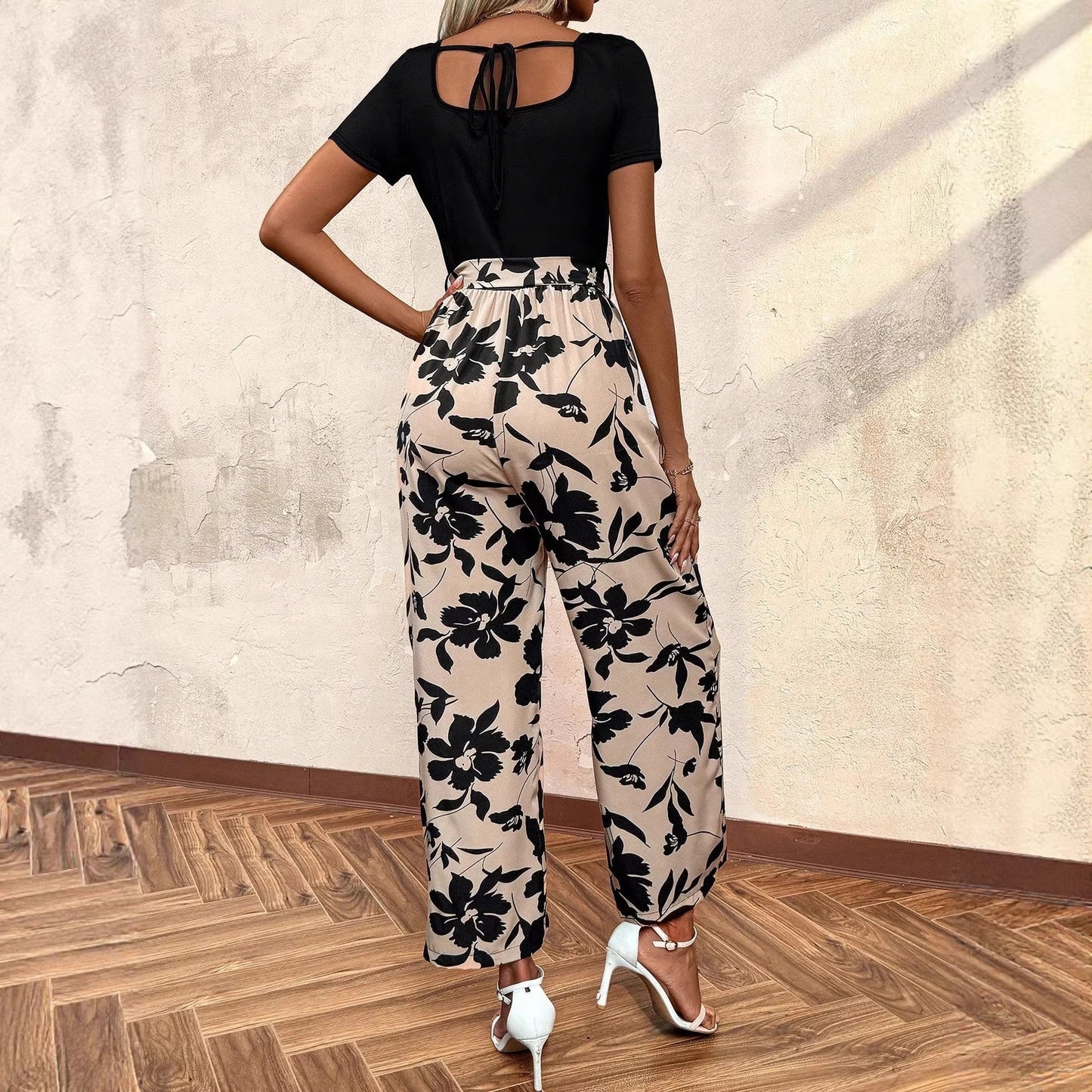 Printed Tie-waist Straight-leg Jumpsuit