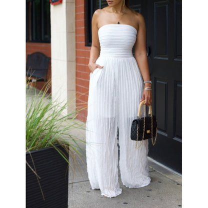 Womens Solid-Color Strapless Sleeveless Wide-Leg Casual Jumpsuit