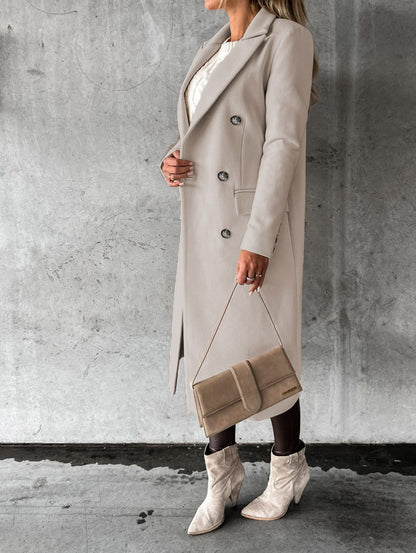 Double Breasted Lapel Coat Winter Fashion Solid Slim Long Jacket Long Sleeve Tops Womens Clothing