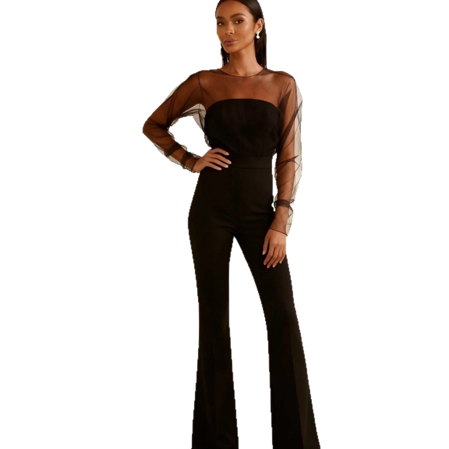 New Womens Sexy Tube Top Mesh Spliced Fashion High Waist Jumpsuit With Long Pants