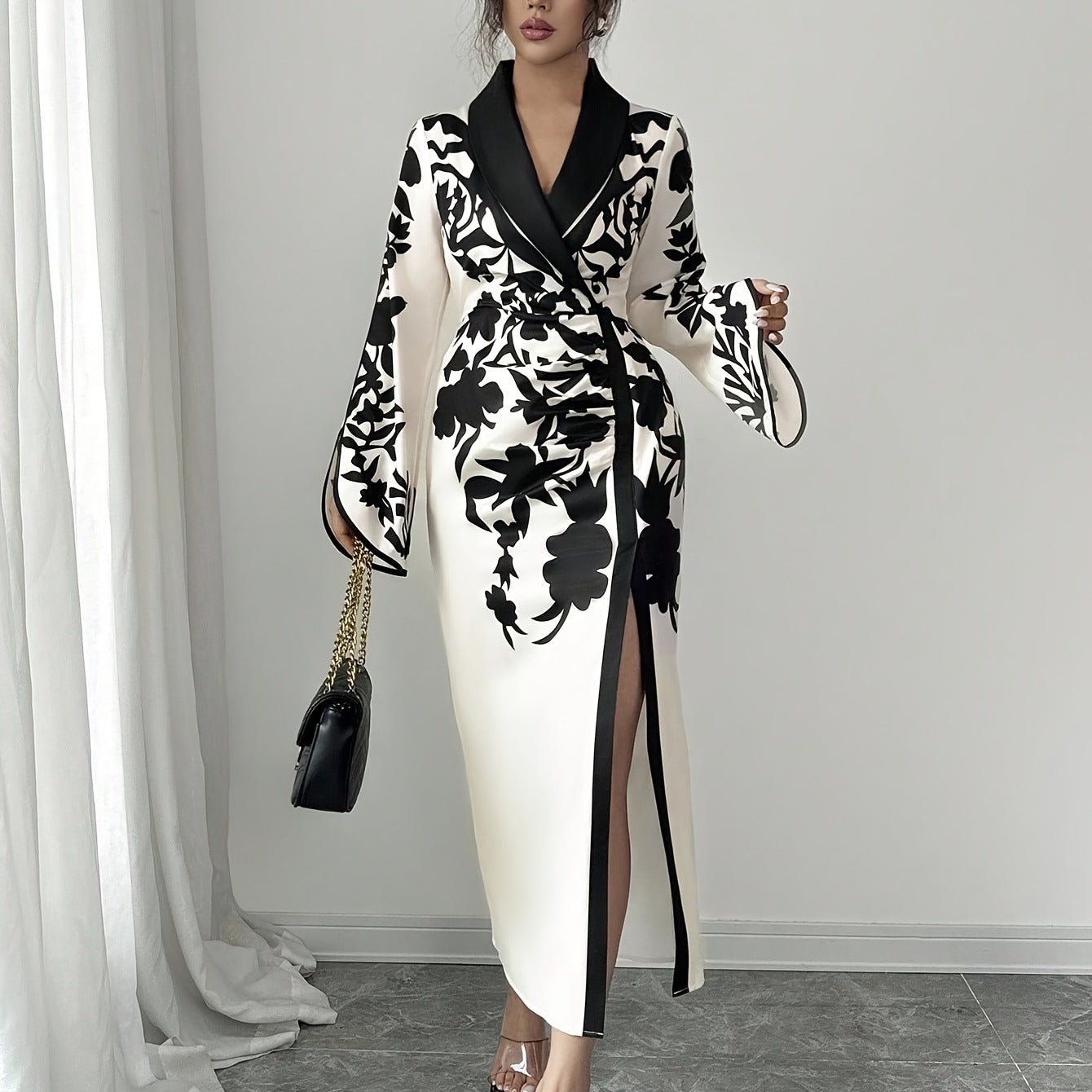 Womens Skirt Floral Print Cross Neckline Slit Maxi Dress