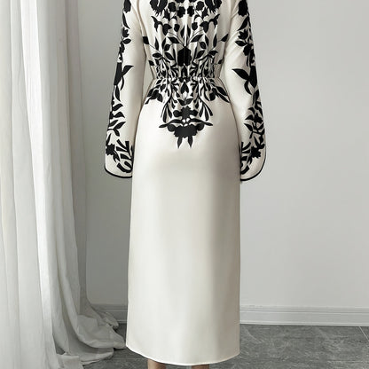 Womens Skirt Floral Print Cross Neckline Slit Maxi Dress