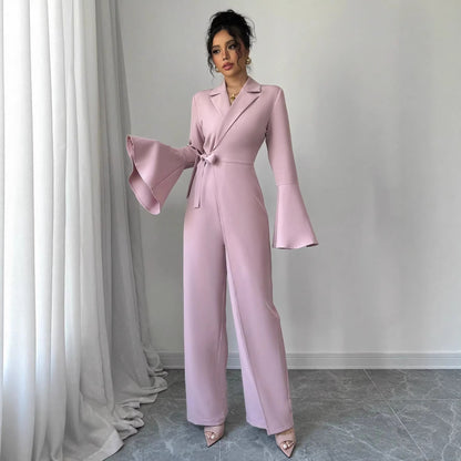 Elegant Solid-color Long-sleeve Flared-sleeve Wide-leg Jumpsuit