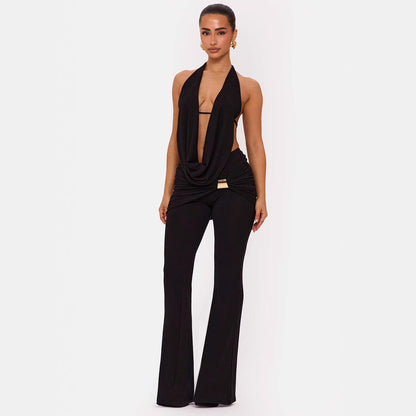 Solid-color Halter V-neck Set For A Chic Elegant