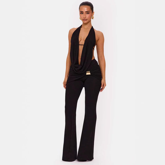 Solid-color Halter V-neck Set For A Chic Elegant
