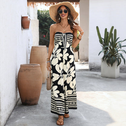 Floral-print Lace-up Bandeau Backless Jumpsuit