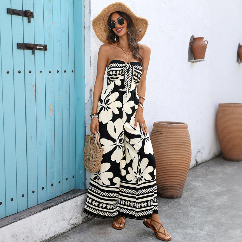 Floral-print Lace-up Bandeau Backless Jumpsuit