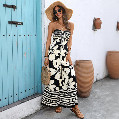 Floral-print Lace-up Bandeau Backless Jumpsuit