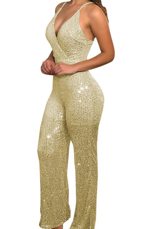 Sexy Formfitting Sequined Vneck Jumpsuit With Spaghetti Straps