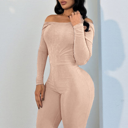 Womens Solid-Color Warm Long-Sleeve Sexy Fashionable Slim-Fit Jumpsuit