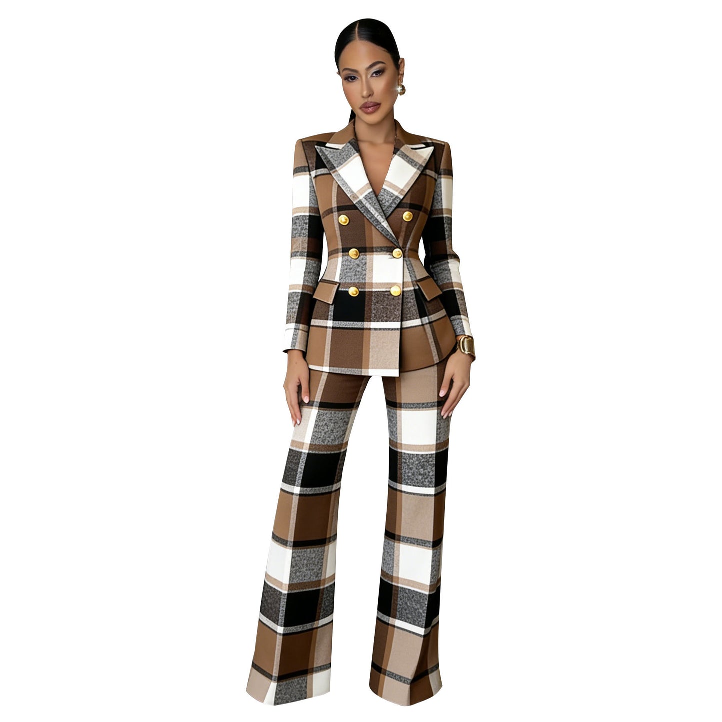Plaid-printed Long-sleeve Tailored Suit Pants Set