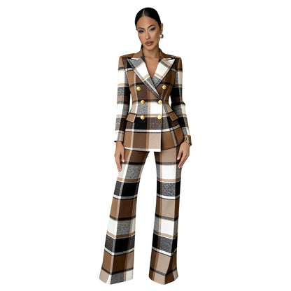 Plaid-printed Long-sleeve Tailored Suit Pants Set