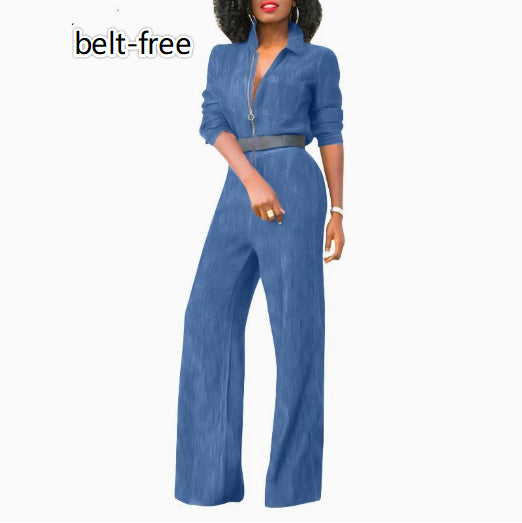 Plus-size Zipper Denim Jumpsuit For Women