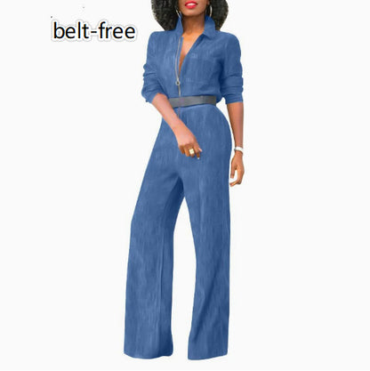 Plus-size Zipper Denim Jumpsuit For Women
