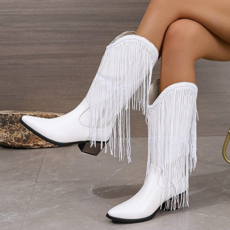 European And American Fashion Middle Fashion Boots Female Retro Chunky Heel Pleated Western Knight
