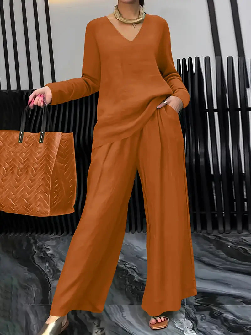 Womens Solid Color Casual Travel Set With Long Sleeves