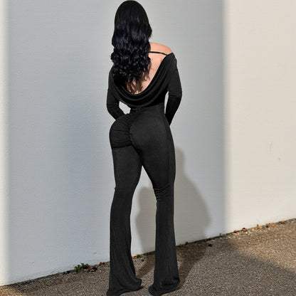 Womens Solid-Color Warm Long-Sleeve Sexy Fashionable Slim-Fit Jumpsuit