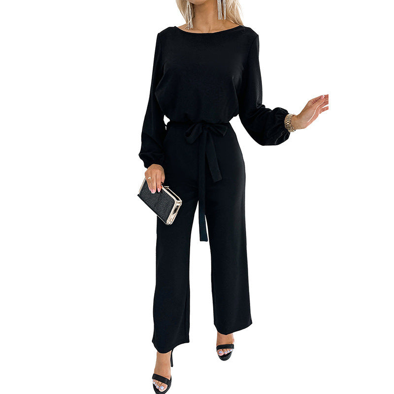 Womens Tailored Pullover Longsleeve Laceup Jumpsuit
