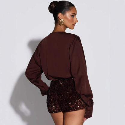 Womens Deep-V Satin Long-Sleeve Bodycon Jumpsuit