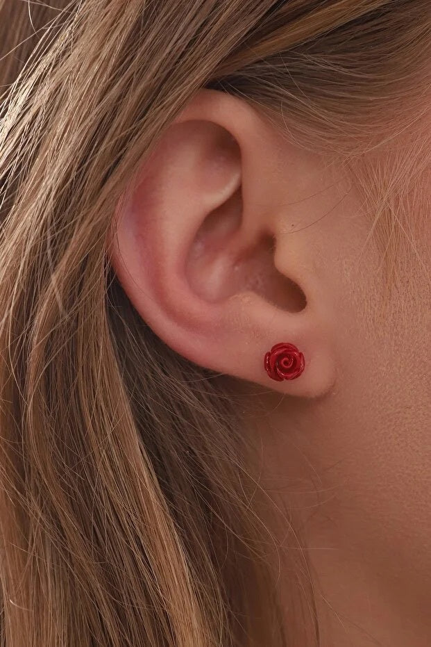 925 Sterling Silver Gold Plated Red Rose Earrings For Women