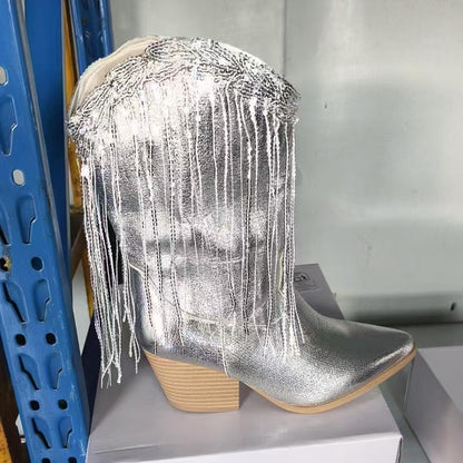 European And American Fashion Middle Fashion Boots Female Retro Chunky Heel Pleated Western Knight