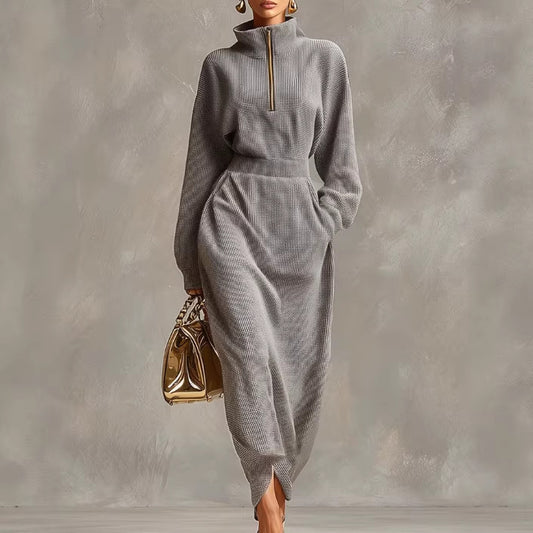 Elegant Casual V-neck Long-sleeve Light Gray Waffle-knit Dress With A Front Zipper