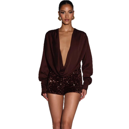 Womens Deep-V Satin Long-Sleeve Bodycon Jumpsuit