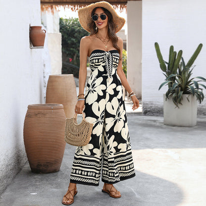 Floral-print Lace-up Bandeau Backless Jumpsuit