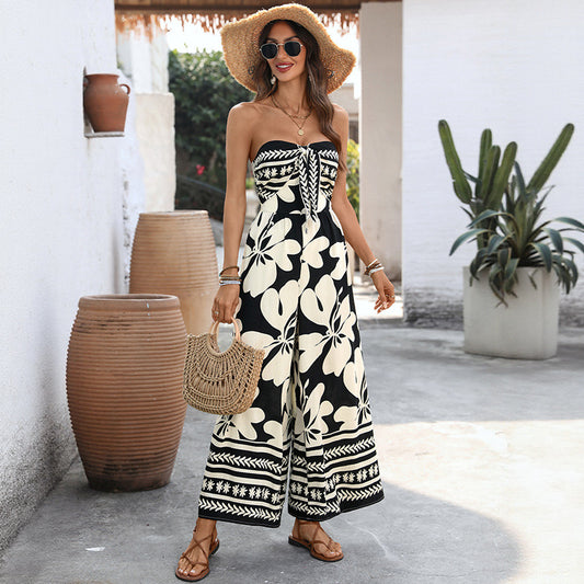 Floral-print Lace-up Bandeau Backless Jumpsuit