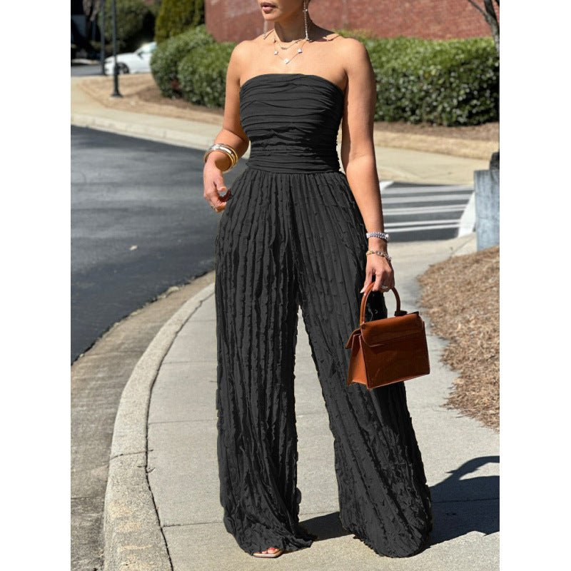 Womens Solid-Color Strapless Sleeveless Wide-Leg Casual Jumpsuit