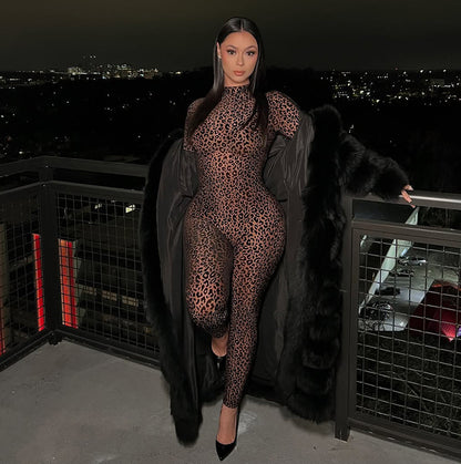 Fashionable Sexy Leopard-print High-waist Figure-hugging Long-sleeve Jumpsuit