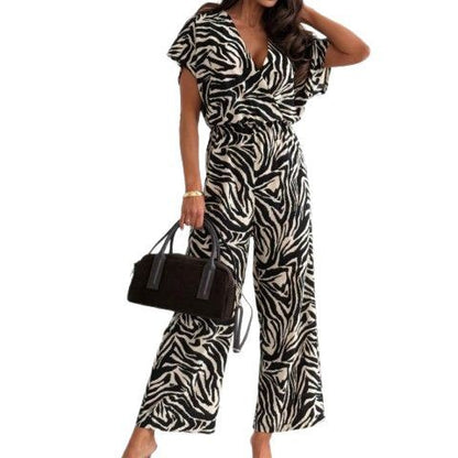 Womens Spring Leopard-Print V-Neck Flounce-Sleeve Wide-Leg Jumpsuit