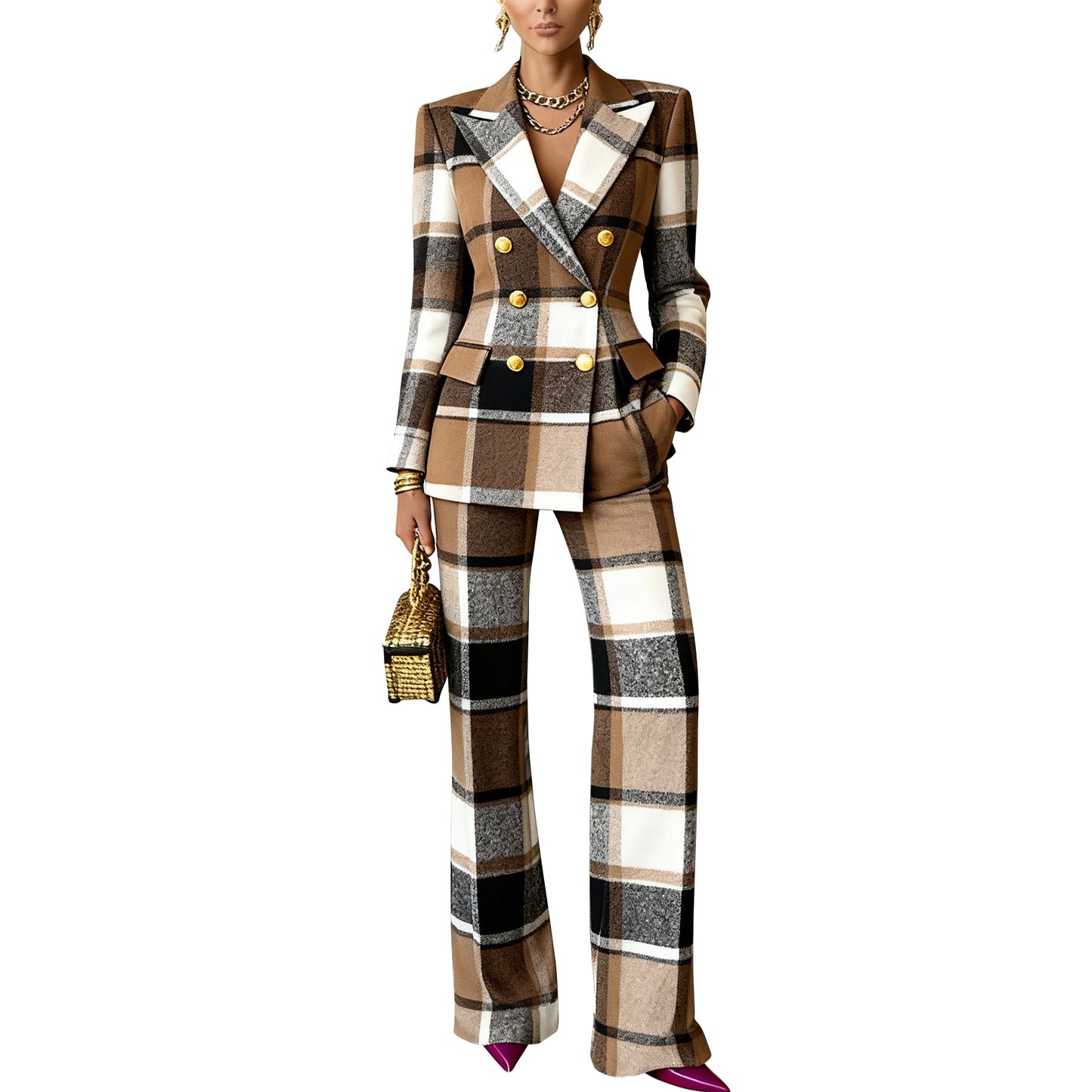 Plaid-printed Long-sleeve Tailored Suit Pants Set