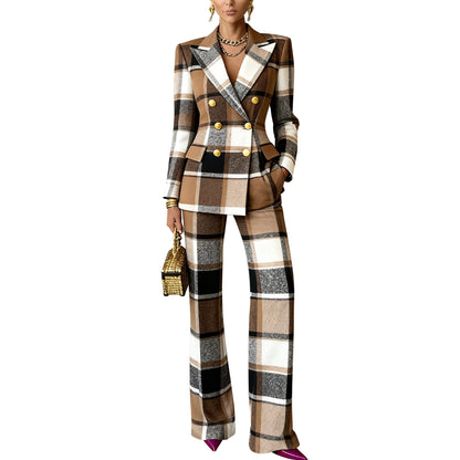 Plaid-printed Long-sleeve Tailored Suit Pants Set