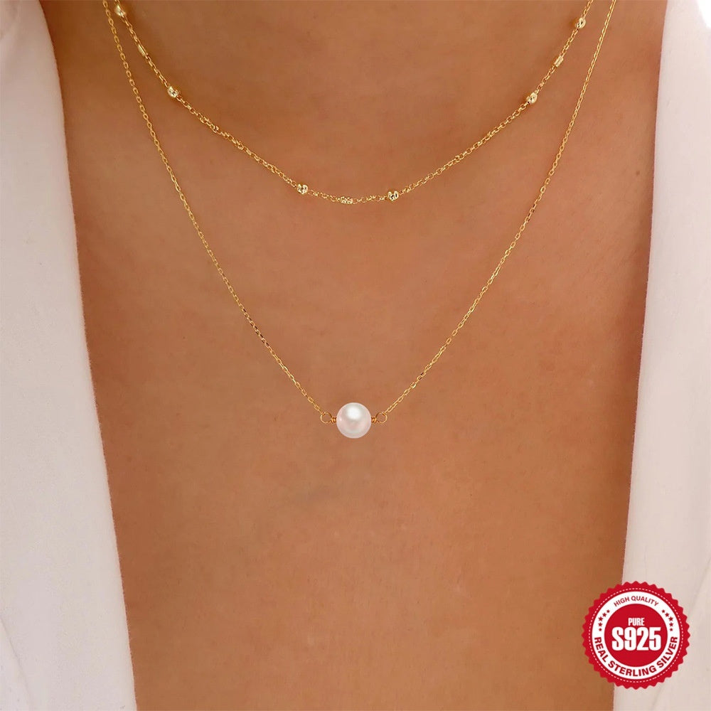 S925 Sterling Silver Temperamental Double Layer Twin Pearl Necklace For Women