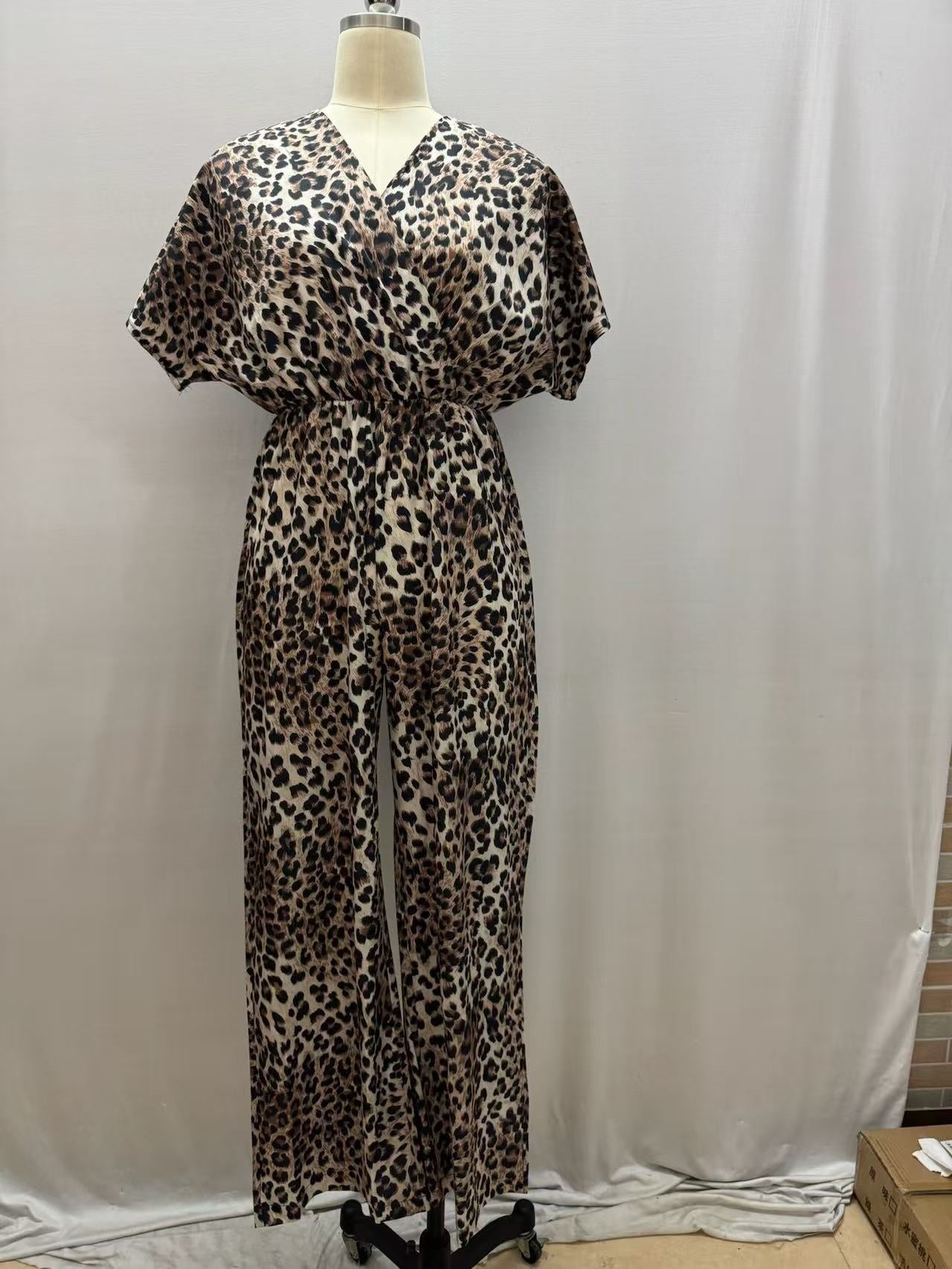 Womens Spring Leopard-Print V-Neck Flounce-Sleeve Wide-Leg Jumpsuit