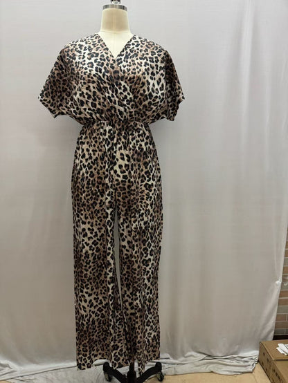 Womens Spring Leopard-Print V-Neck Flounce-Sleeve Wide-Leg Jumpsuit