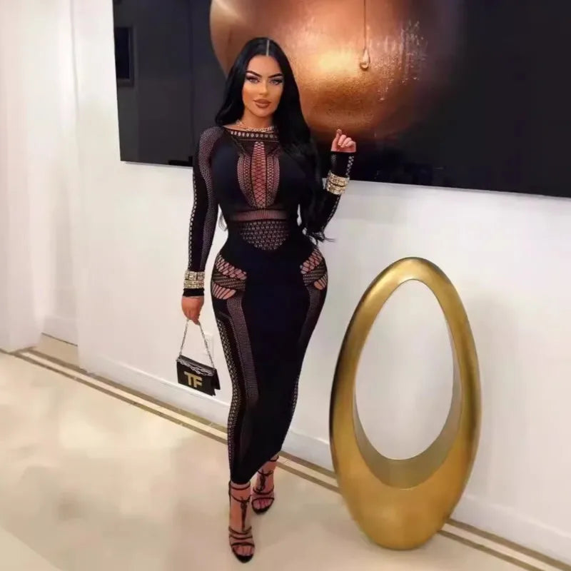 Dress Tight hollowed out embroidered long sleeved jumpsuit elegant art gallery Evening dresses dresses 2025 woman Summer dress