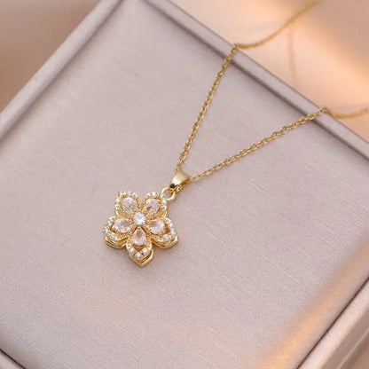 Creative Rotatable Pink Flower Necklace For Women Titanium Steel Rotatable Spinner Clavicle Choker Anti Stress Anxiety Jewelry