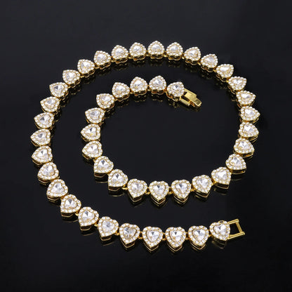 ZAKOL 45CM New Hip Hop Tennis Chain Bracelet Necklace Shiny Heart Rhinestone CZ Fashion Rock Party Jewelry Set