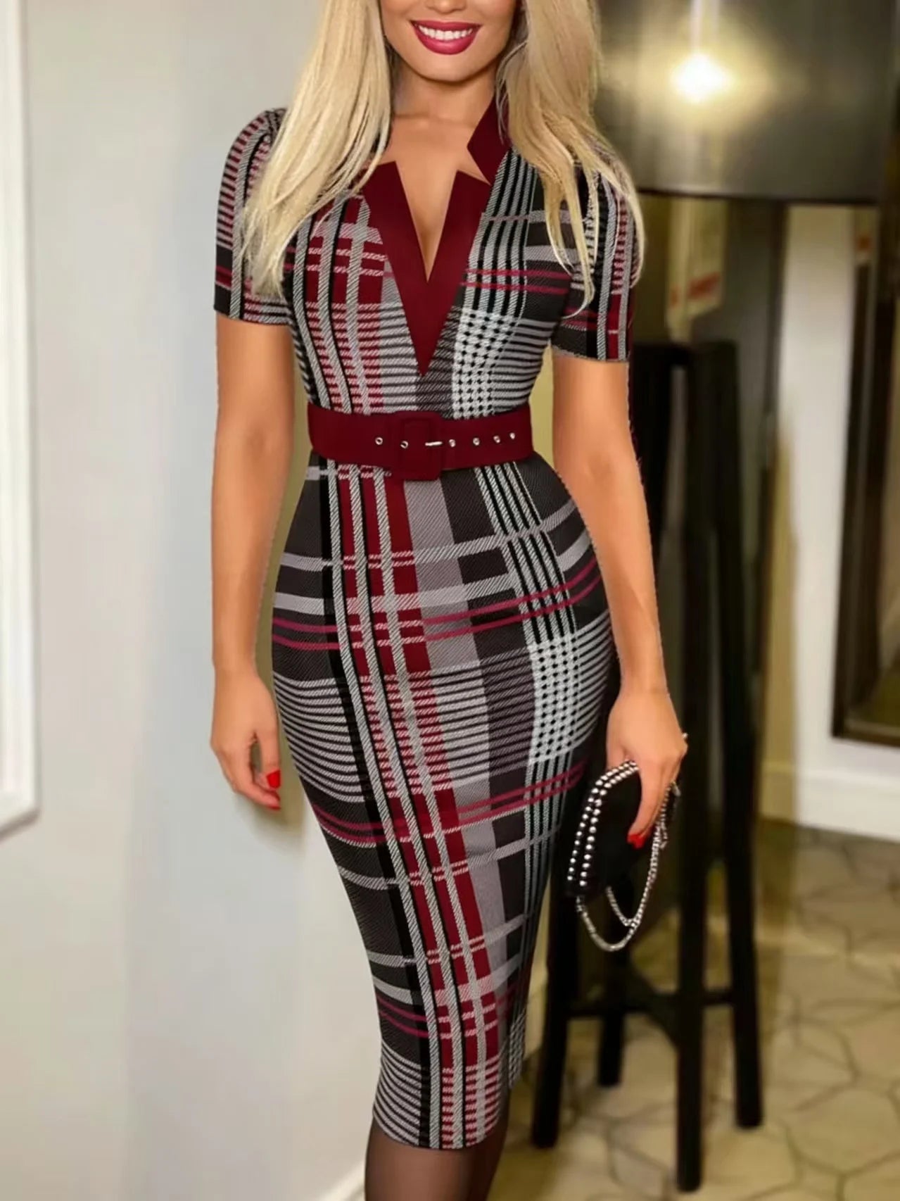 Sexy Geometric Pattern V-Neck Midi Pencil Dress with Belt - Long Sleeve Knit Bodycon for All Seasons
