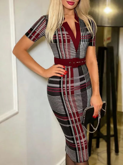 Sexy Geometric Pattern V-Neck Midi Pencil Dress with Belt - Long Sleeve Knit Bodycon for All Seasons